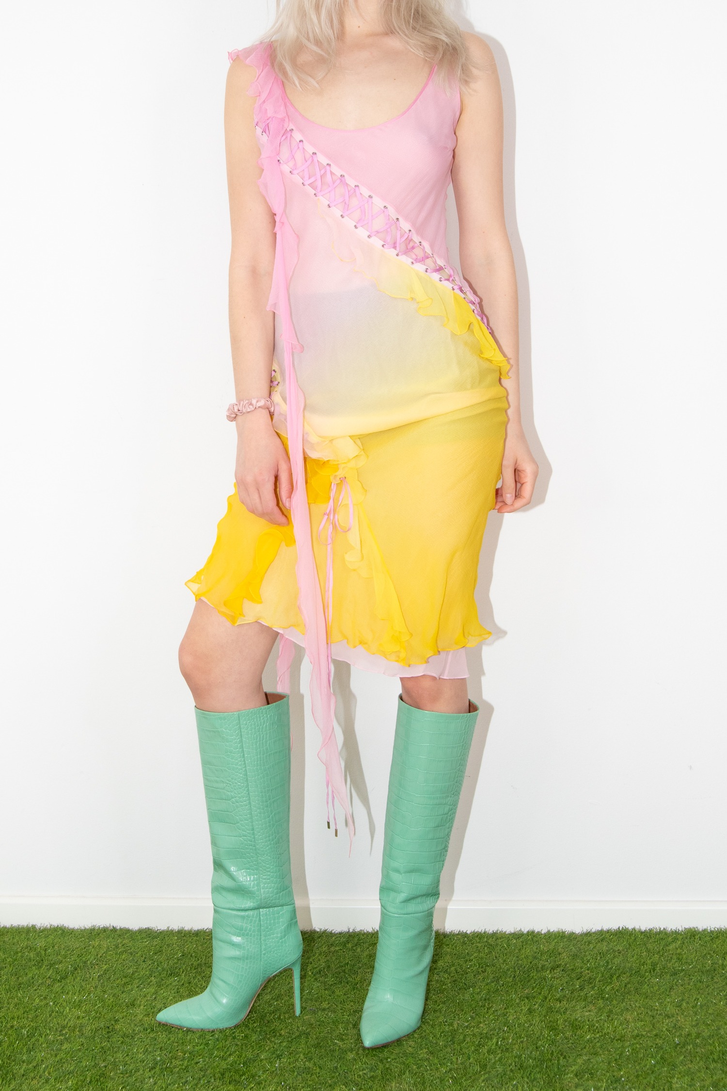 Christian Dior Ombre Midikleid mit Schnürung in Rosa und Gelb