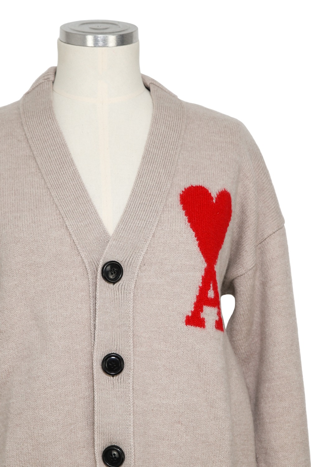 Ami Strickjacke mit Logo in Beige und Rot