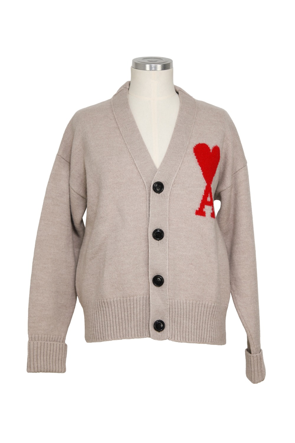 Ami Strickjacke mit Logo in Beige und Rot