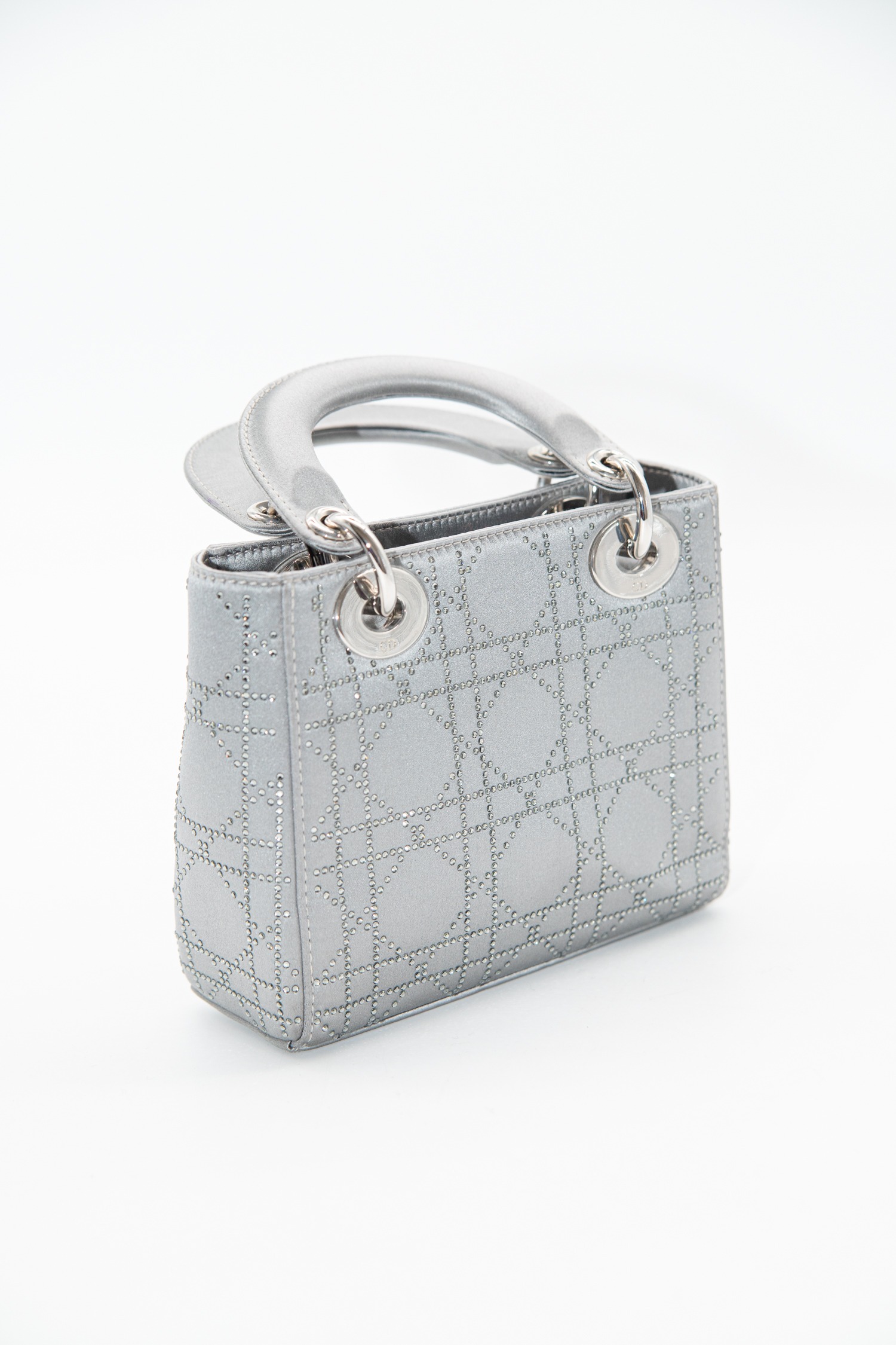Dior „Mini Satin Cannage Lady Dior“ Handtasche mit Strass in Grau