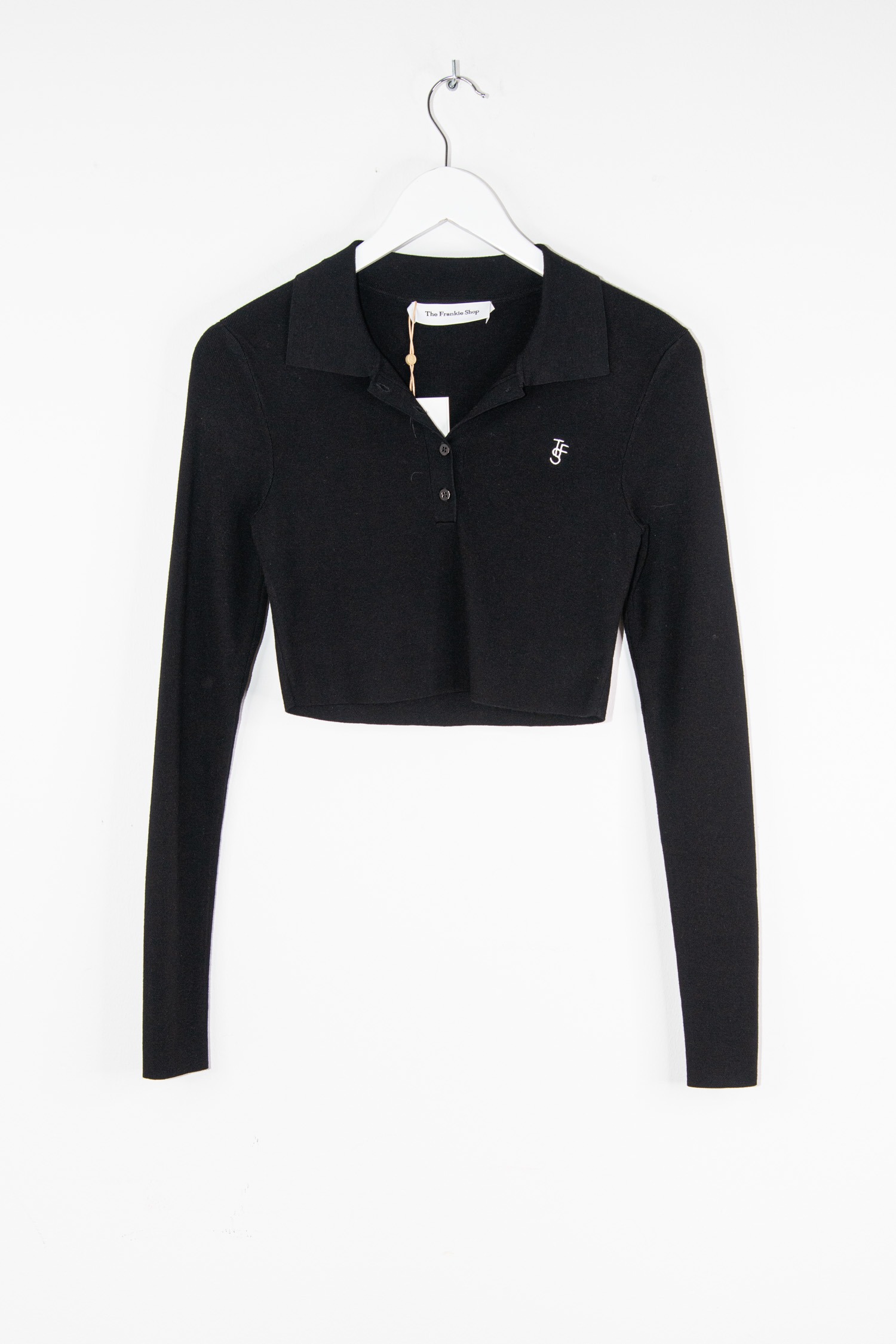 The Frankie Shop "Giselle Cropped Knit" Langarm-Polo in Schwarz