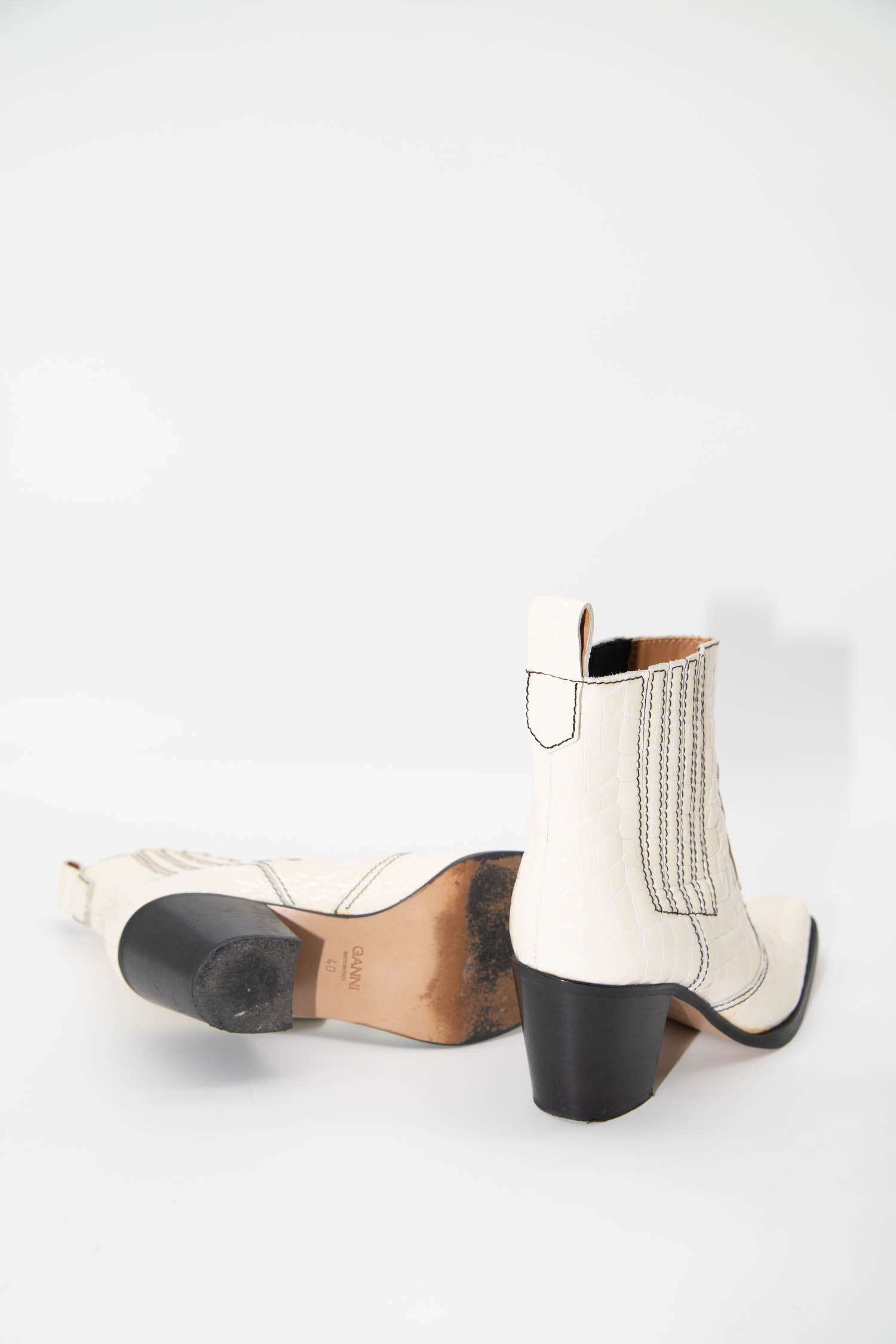 Ganni "S1261 Belly Croc" Ankle Boots in Egret