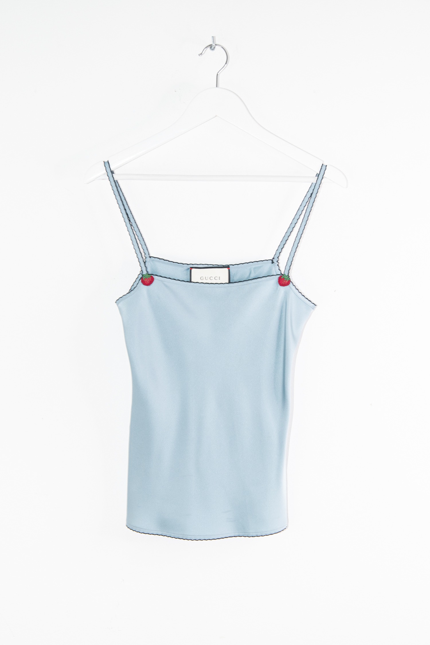 Gucci Top mit Erdbeer-Applikationen in Hellblau
