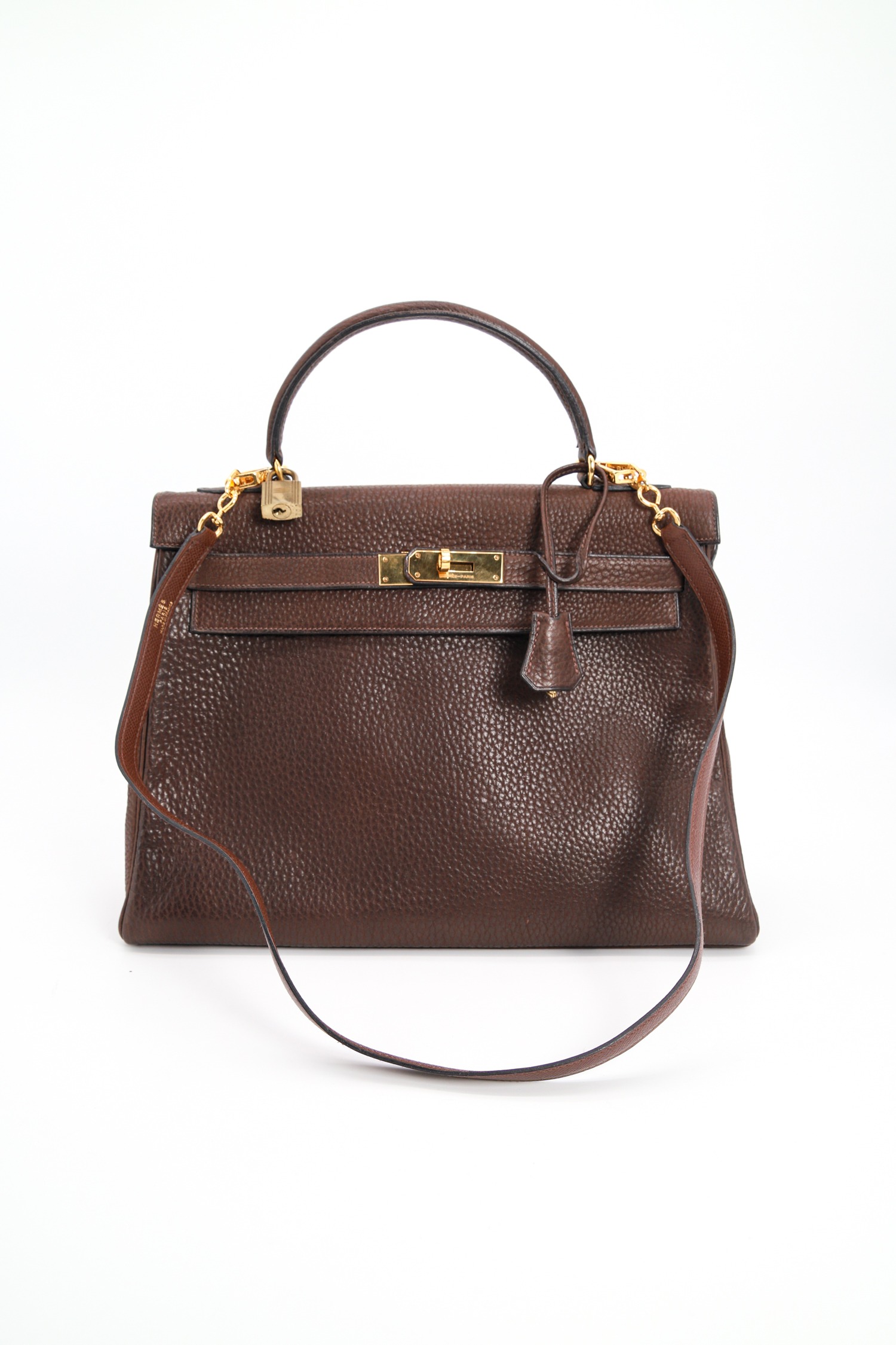 Hermès "Kelly Bag" in Dunkelbraun und Gold