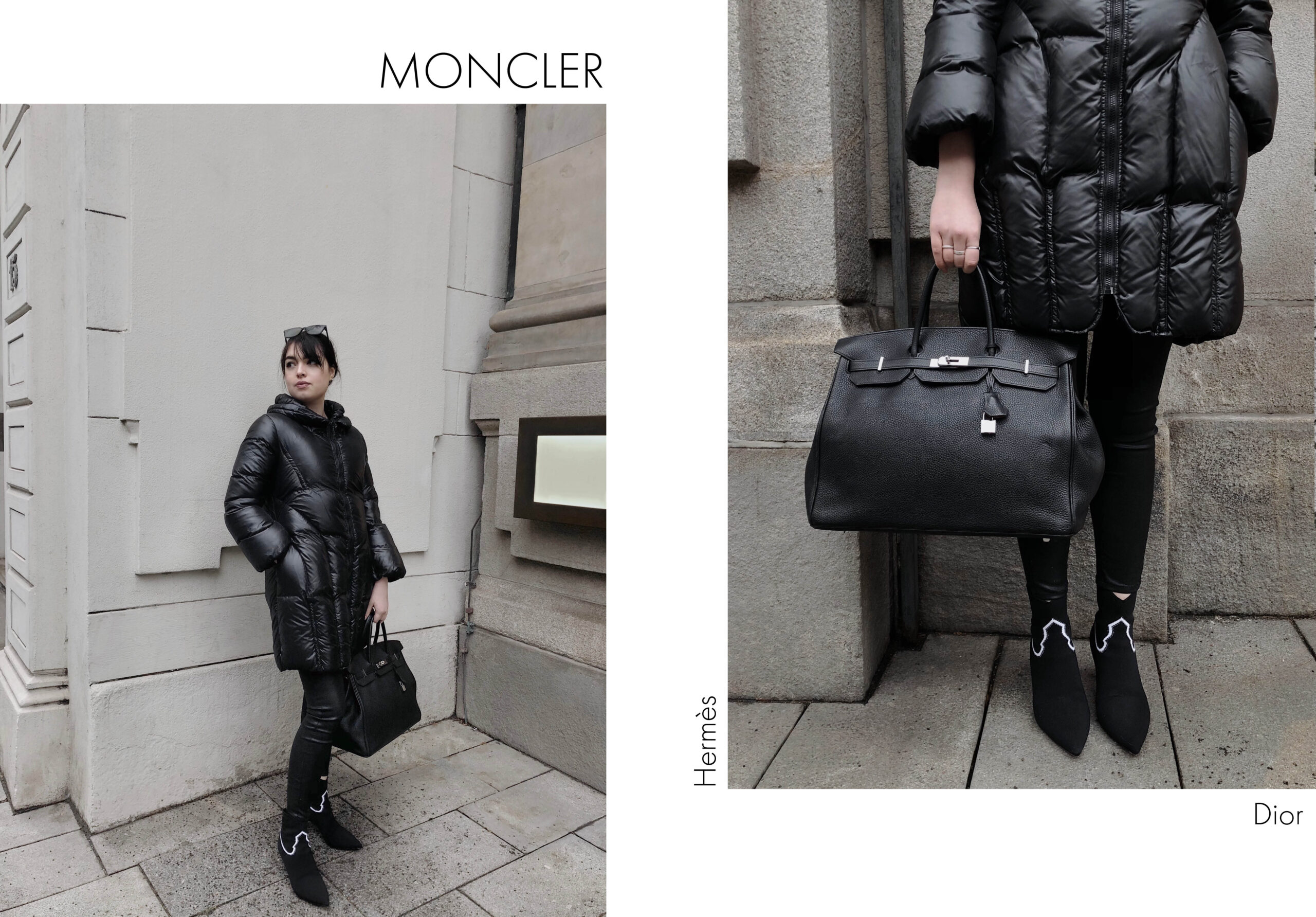 Reduzierte Moncler Daunenjacke in Kombination mit Dior Pumps und einer Hermès Birkin Bag 40 Tasche