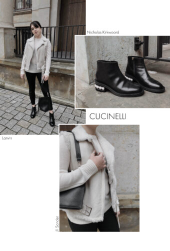 Cooles Schlussverkauf Outfit mit Cucinelli Shearling Bikerweste und schwarzen Accessoires