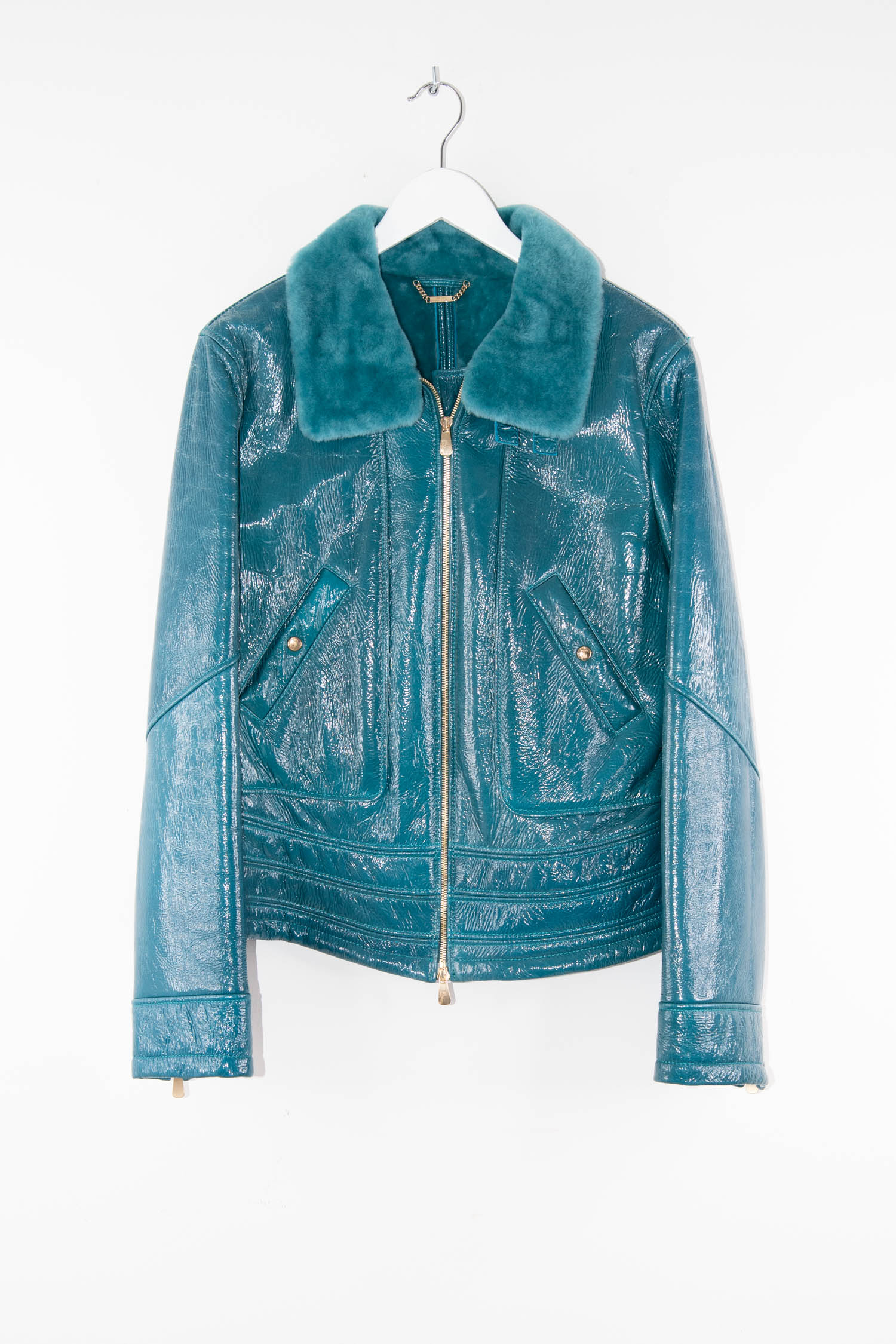 Versace Collection Lack-Lederjacke in Petrol
