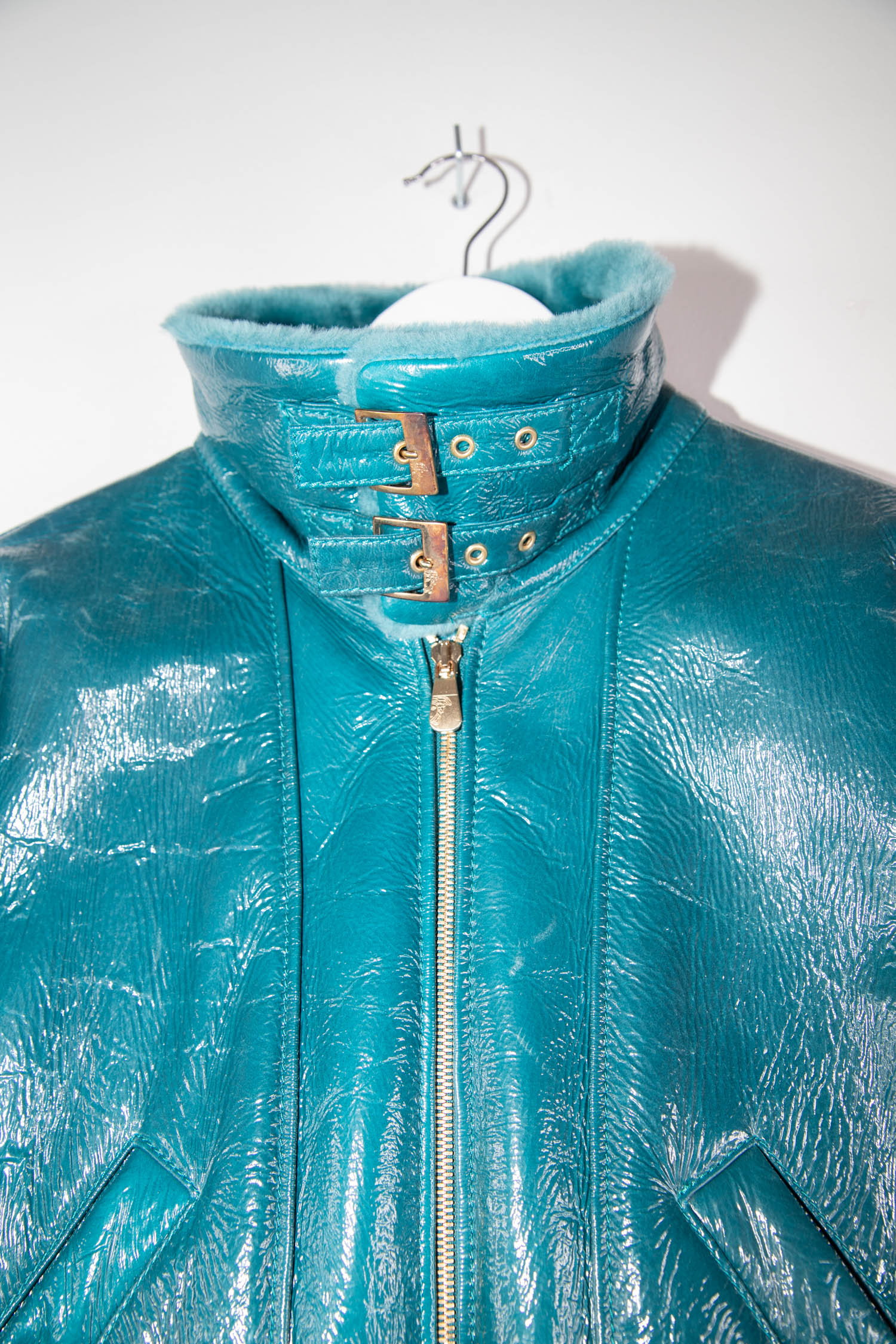 Versace Collection Lack-Lederjacke in Petrol
