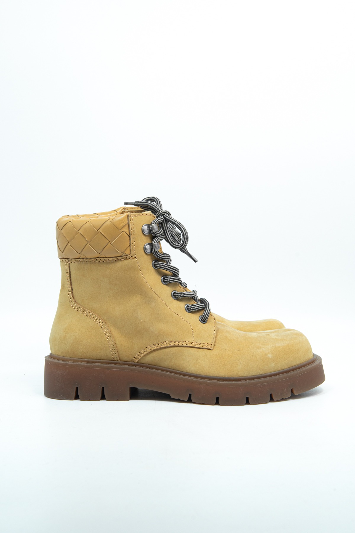 Bottega Veneta "Haddock Intrecciato" Ankle Boots in Beige