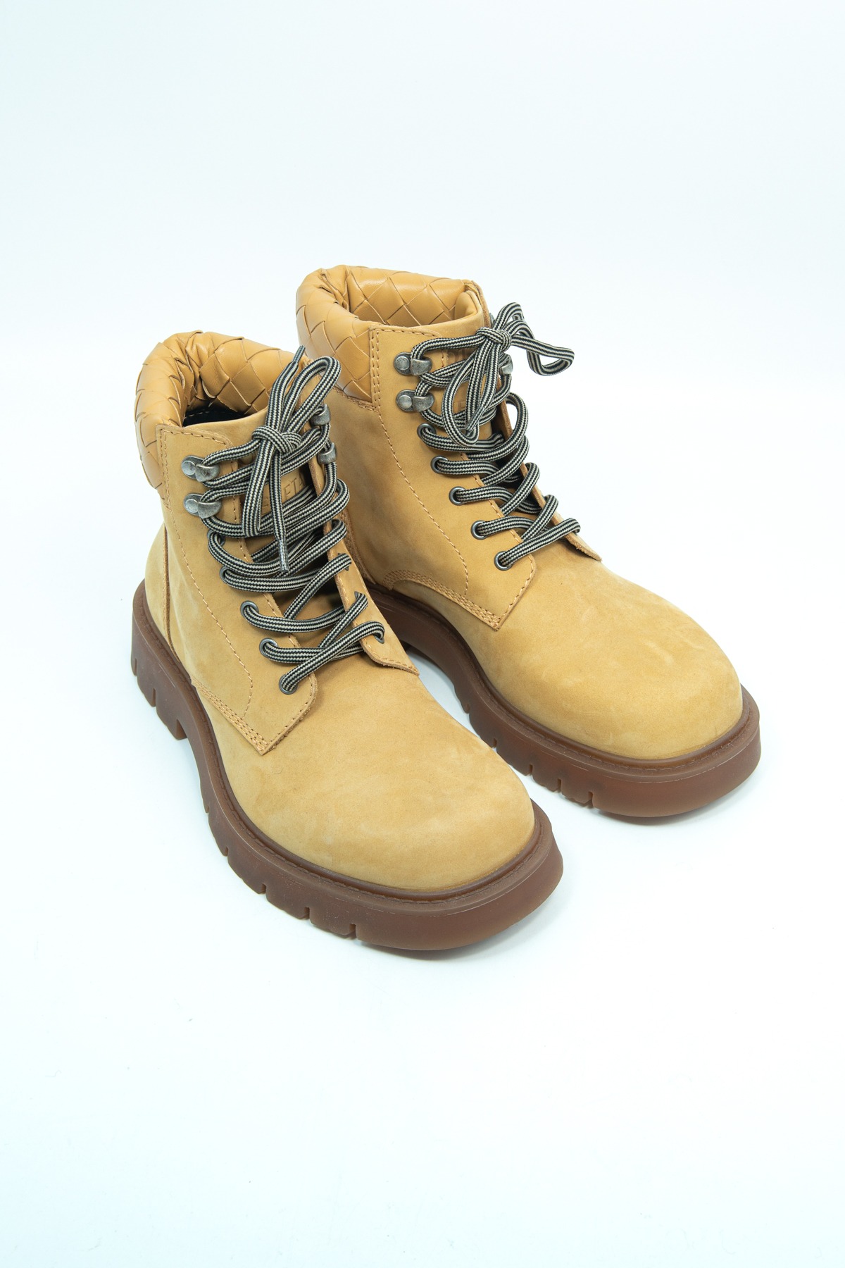 Bottega Veneta "Haddock Intrecciato" Ankle Boots in Beige