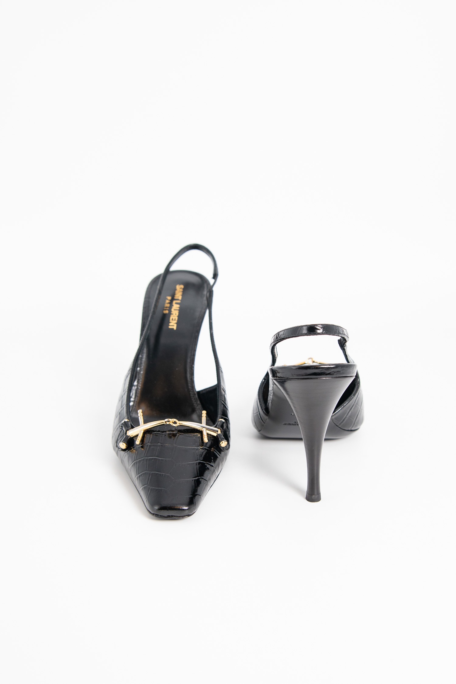 Saint Laurent "Blade" Slingbacks in Kroko- Optik