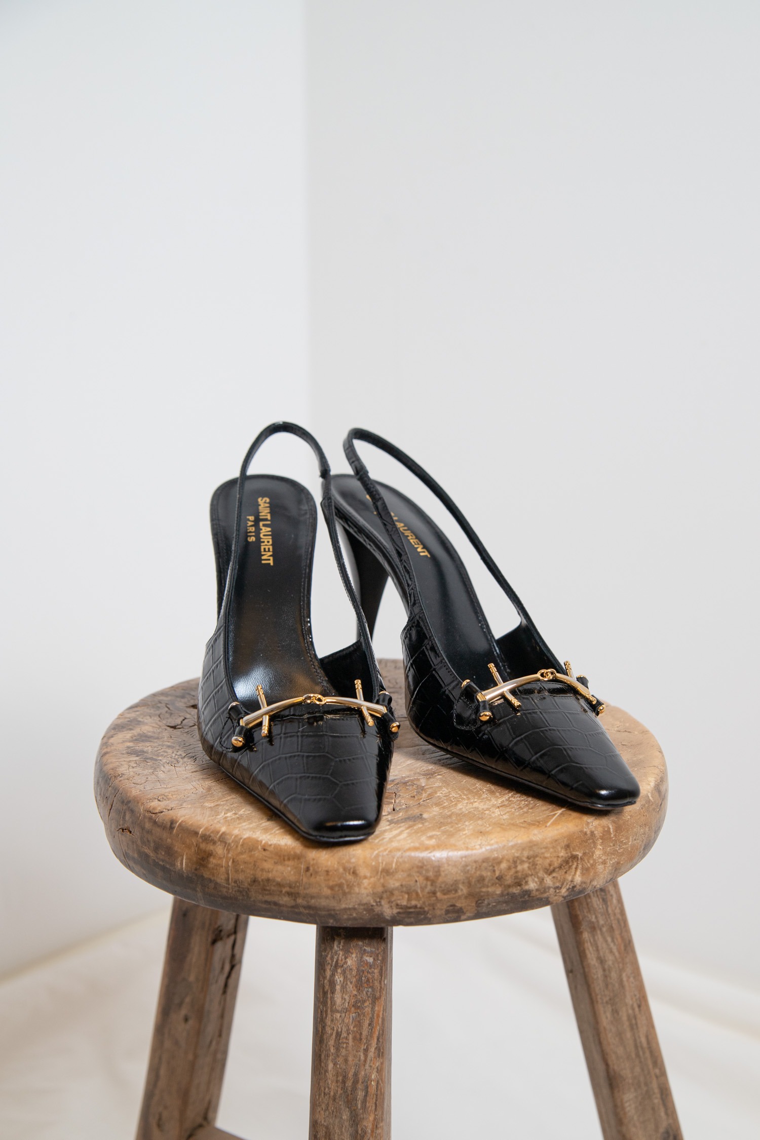 Saint Laurent "Blade" Slingbacks in Kroko- Optik