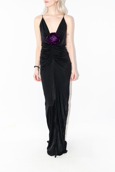 Saint Laurent gerafftes Maxikleid mit Samt-Rose in Schwarz