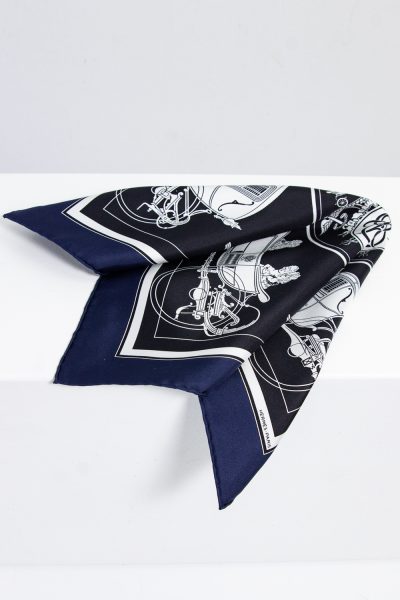 Hermès Einstecktuch "Ex Libris" in dunkelblau, weiß und schwarz