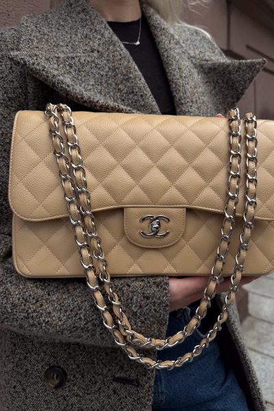 Chanel "Classic Double Flap Bag" Schultertasche Large in Beige
