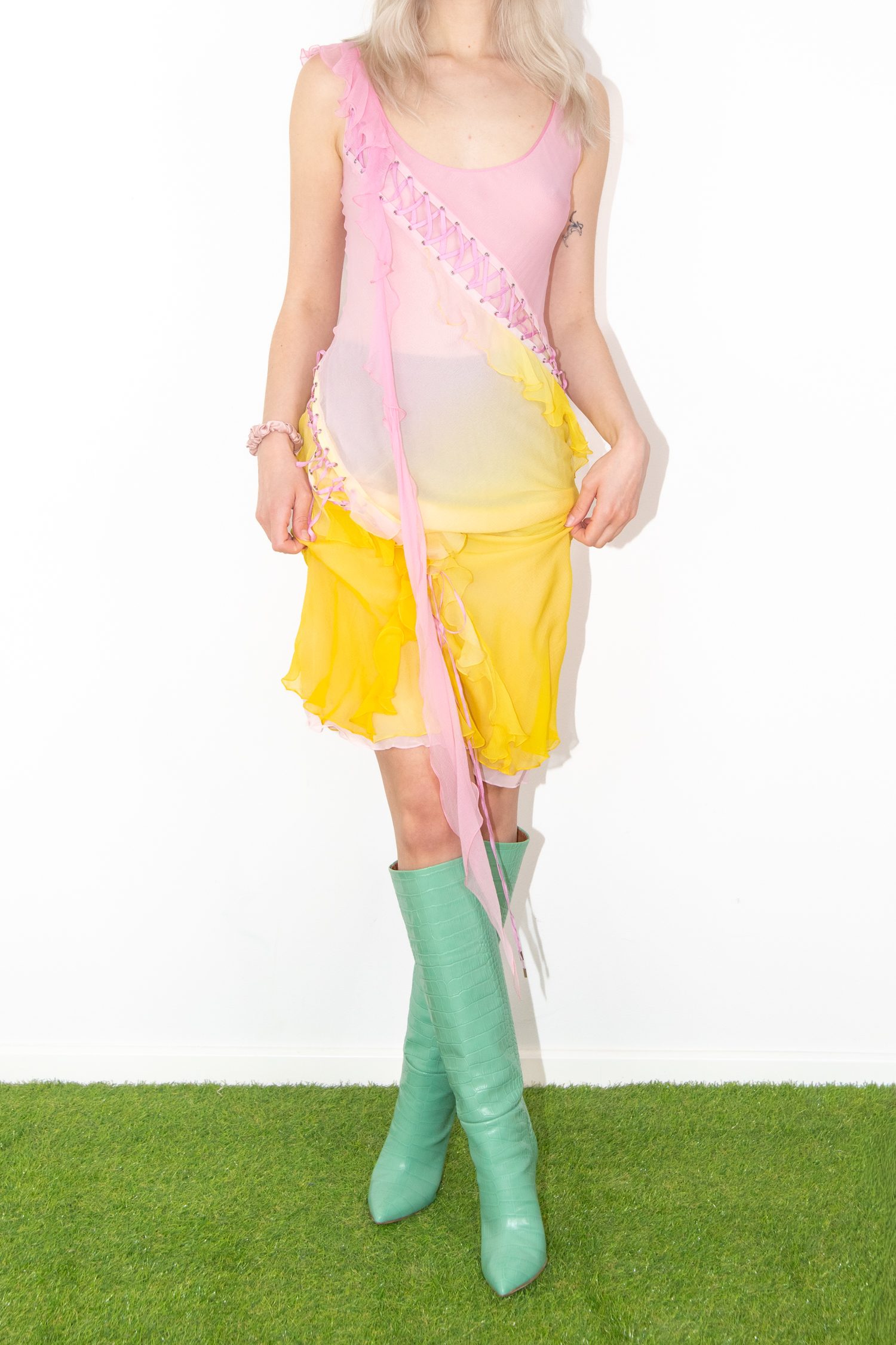 Christian Dior Ombre Midikleid mit Schnürung in Rosa und Gelb