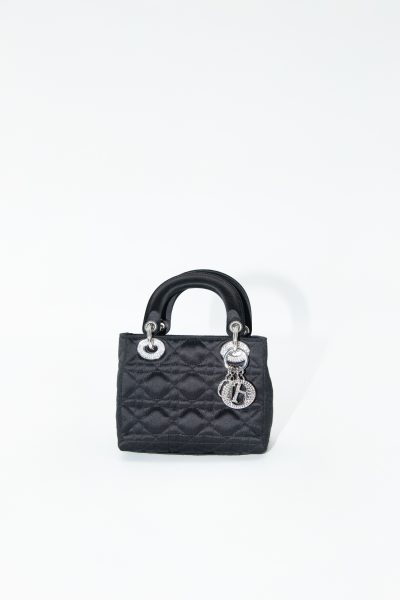 Dior „Mini Satin Cannage Lady Dior“ Handtasche in Schwarz Silber