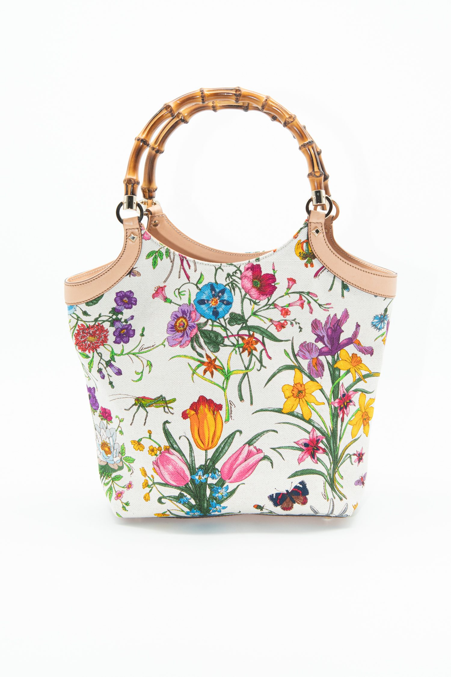 Gucci "Flora Bamboo" Handtasche in Beige und Bunt