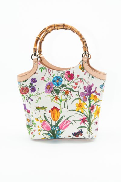 Gucci "Flora Bamboo" Handtasche in Beige und Bunt