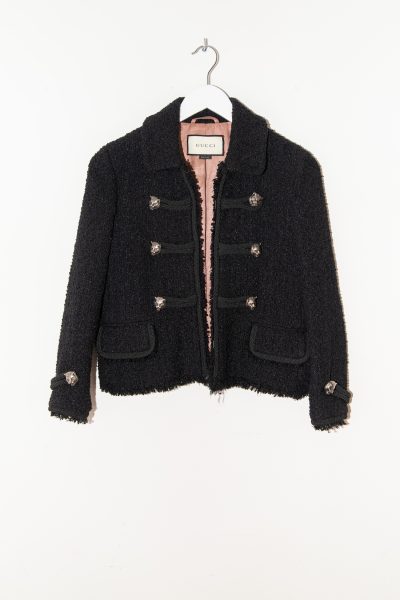 Gucci kurze Bouclé-Jacke mit Tigerknöpfen in Schwarz