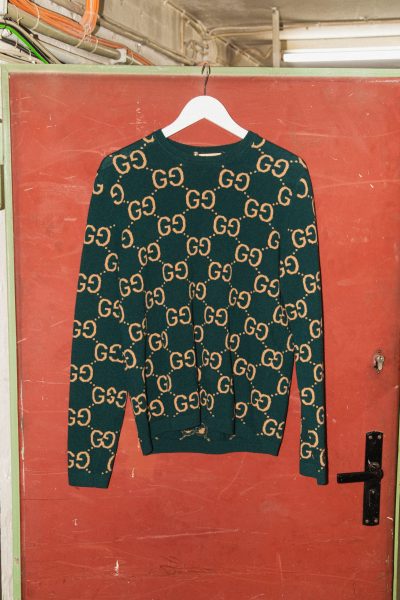 Gucci Strickpullover mit Monogramm- Muster in Grün und Beige