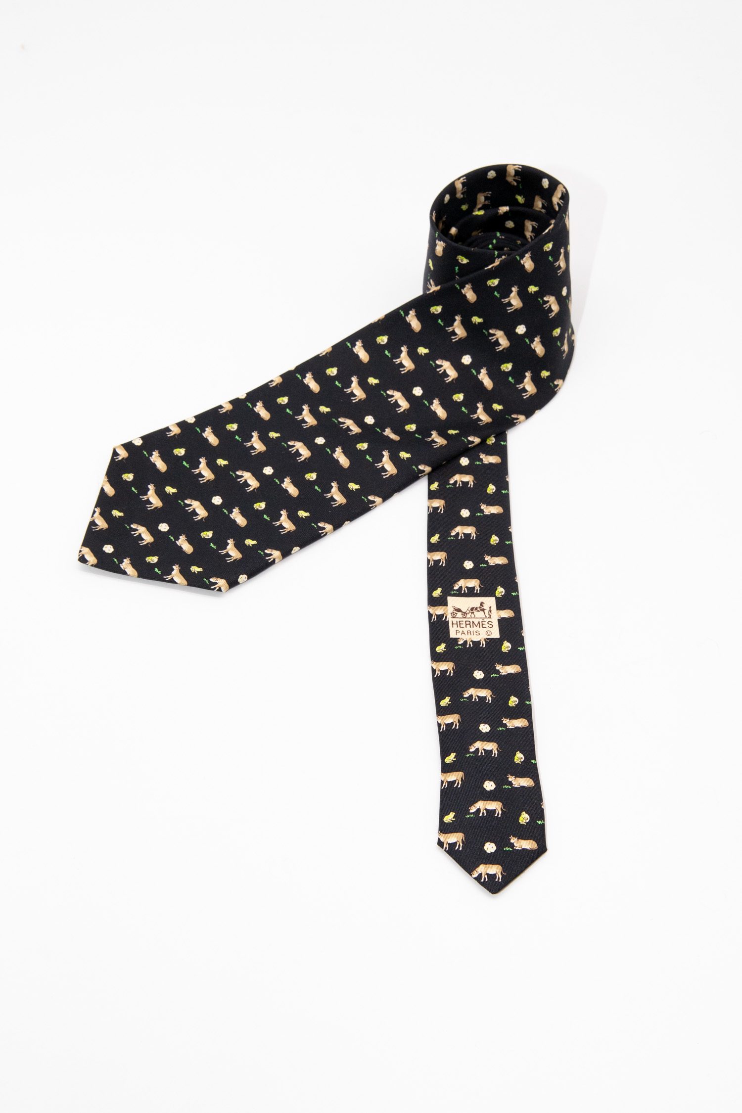 Hermès Krawatte mit Kuh- und Frosch-Motiv in Schwarz