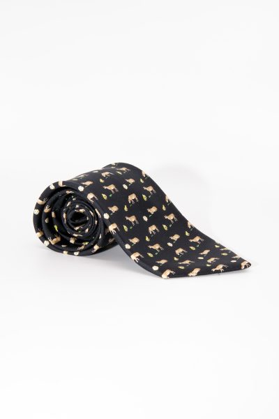 Hermès Krawatte mit Kuh- und Frosch-Motiv in Schwarz