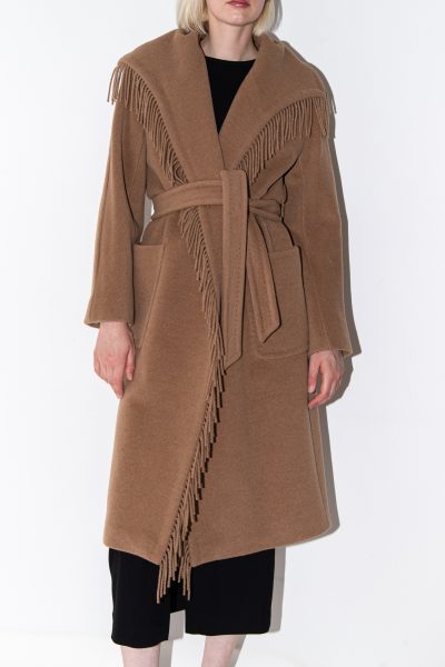 Max Mara langer Mantel mit Fransen und Gürtel in Cognac-braun