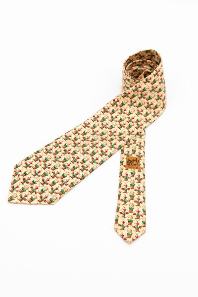 Hermès Krawatte mit Blumentöpfen in Beige