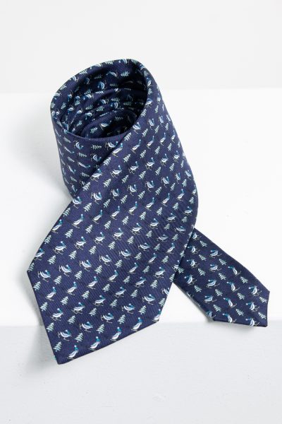 Hermès Seidenkrawatte mit Pinguin-Motiv in dunkelblau