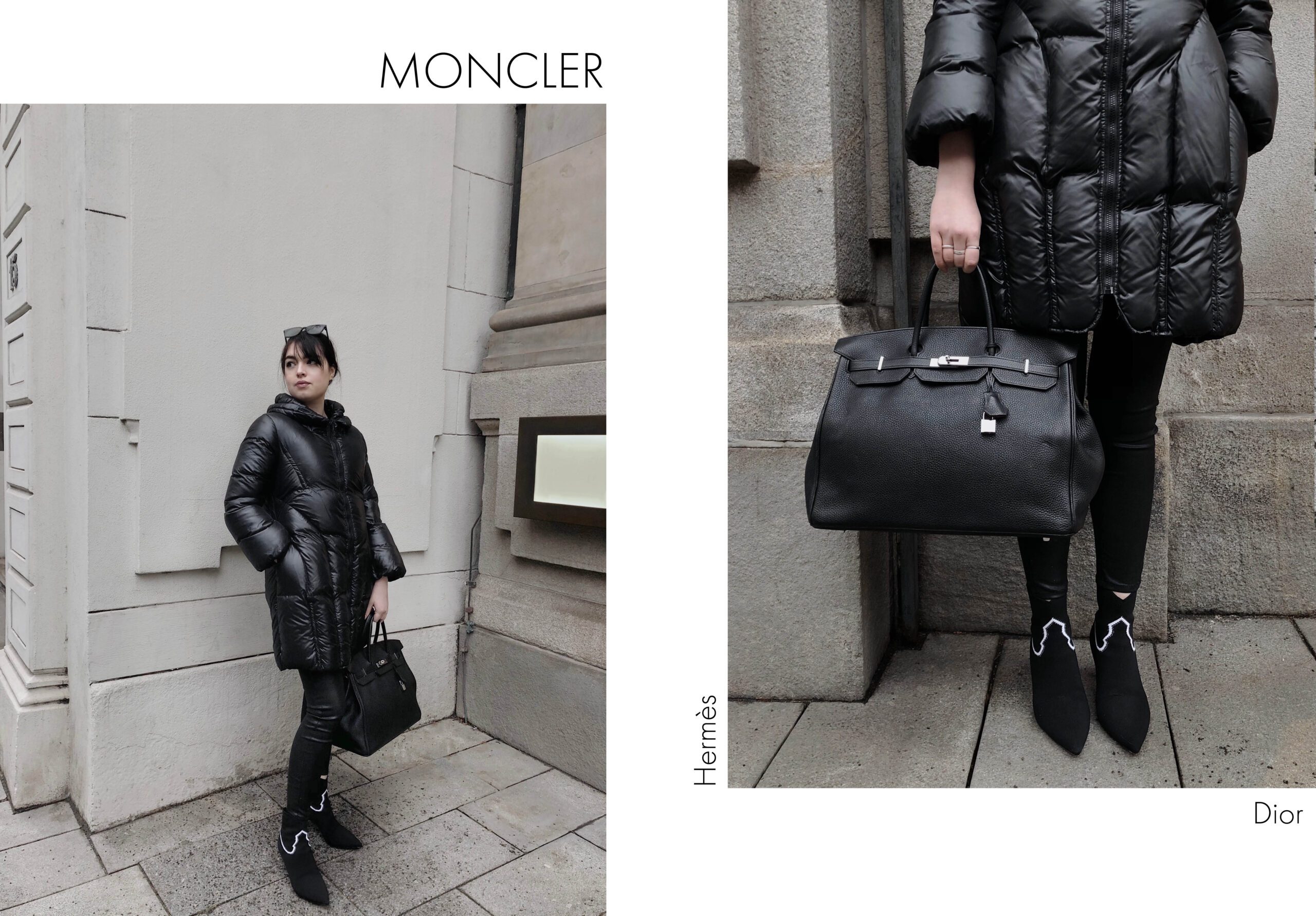Moncler Daunenjacke in Kombination mit Dior Pumps und einer Hermès Birkin Bag 40 Tasche