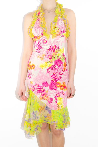 Versace florales Rüschenkleid in Grün, Gelb und Pink