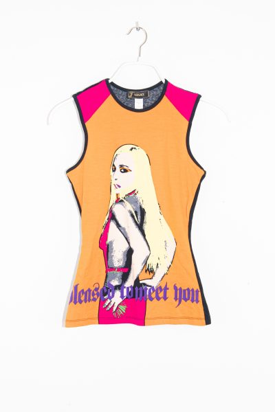 Versace Vintage Top mit Donatella Print in Schwarz und Bunt