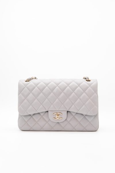 Chanel „Classic Double Flap Bag" Schultertasche Large in Hellgrau