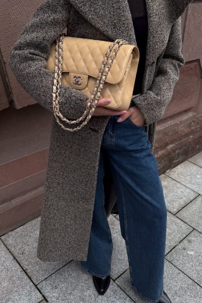 Chanel "Classic Double Flap Bag" Schultertasche Large in Beige