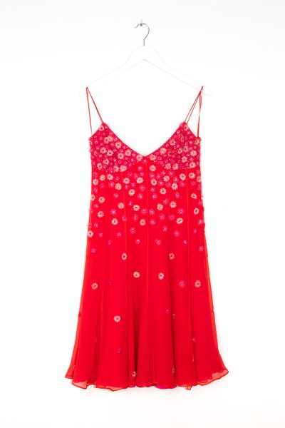 Escada Trägerkleid mit Blumen und Pailletten in Rot und Pink