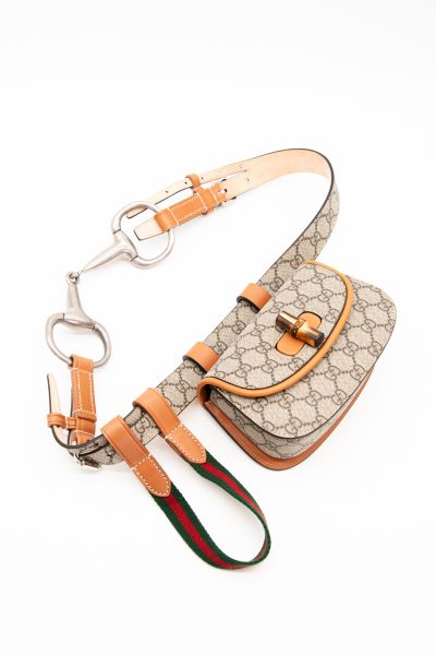 Gucci „Bamboo 1947“ Mini Gürteltasche in Beige, Hellbraun und Silber