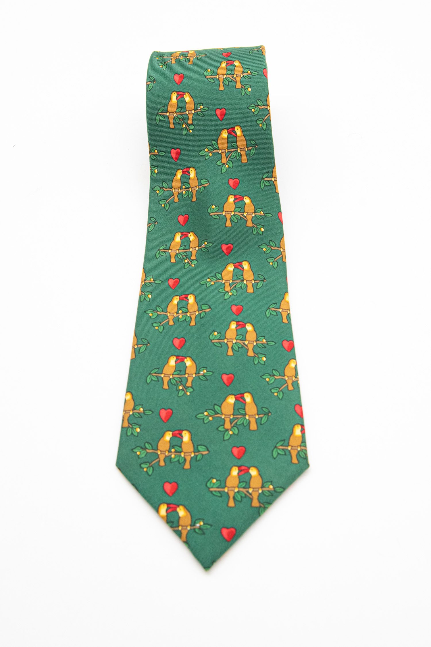 Hermès Krawatte mit Vögeln und Herzen in Dunkelgrün