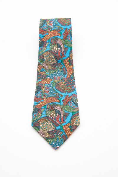 Hermès Krawatte mit Fischen und Ornamenten in Blau