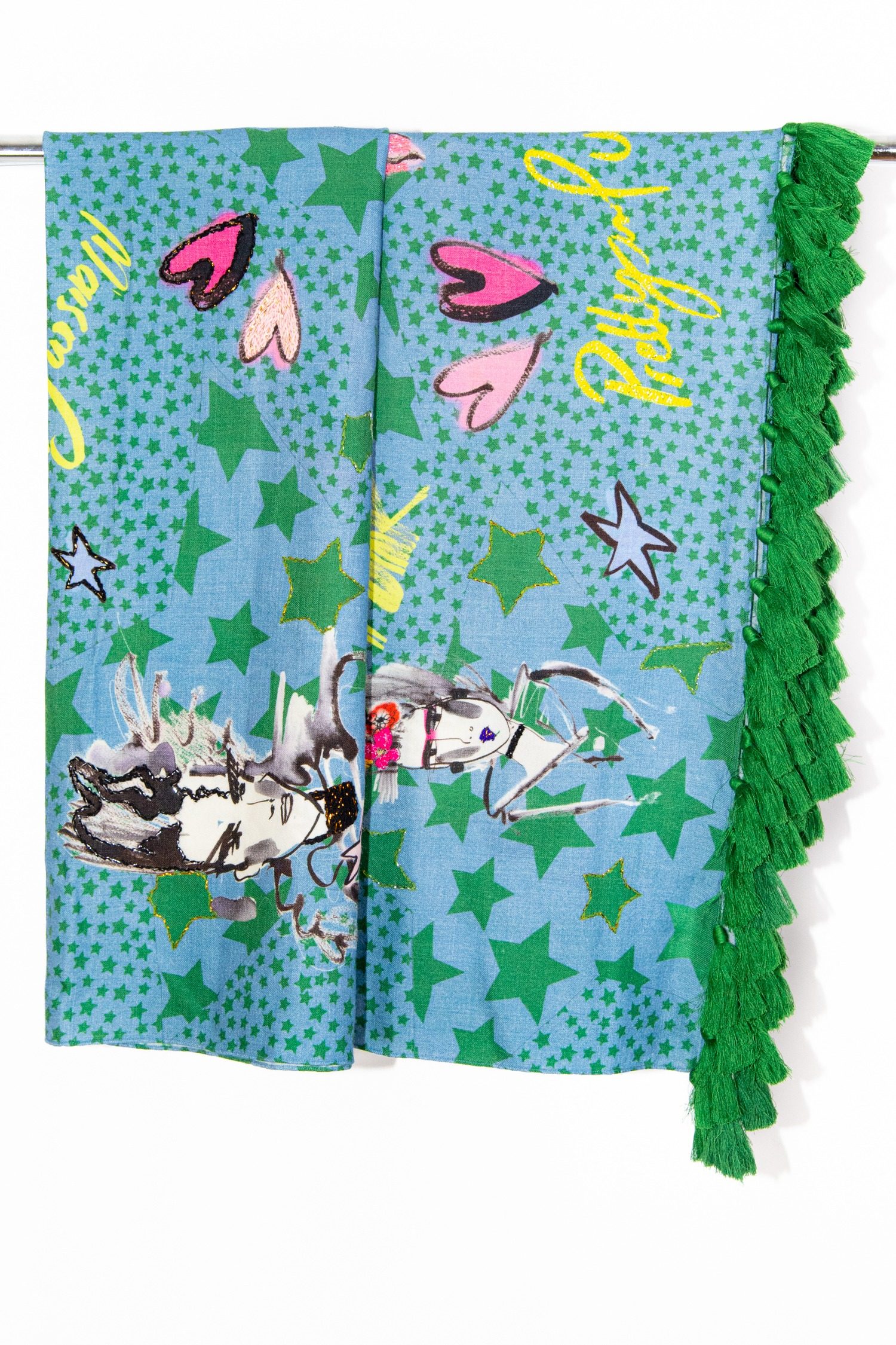 Thumbnail of http://Maison%20Common%20Schal%20mit%20Punk-Motiven%20in%20Grün%20und%20Blau