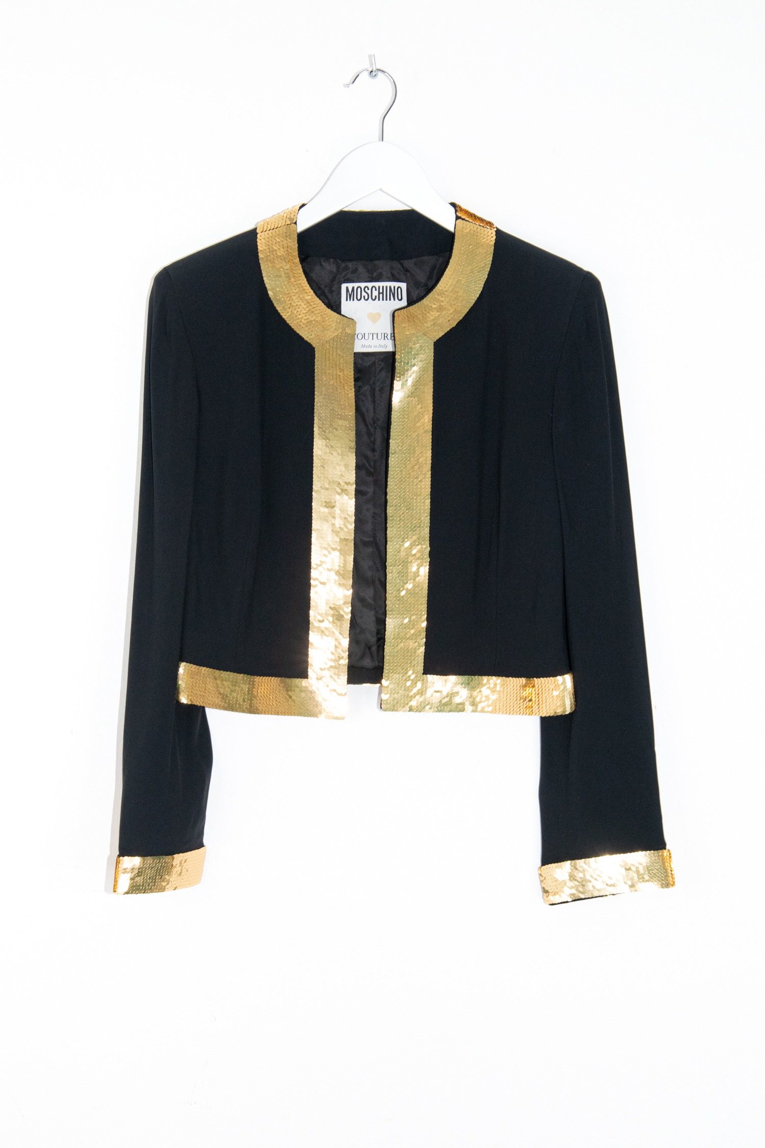Thumbnail of http://Moschino%20Vintage%20Jacke%20mit%20goldenen%20Pailletten%20in%20Schwarz