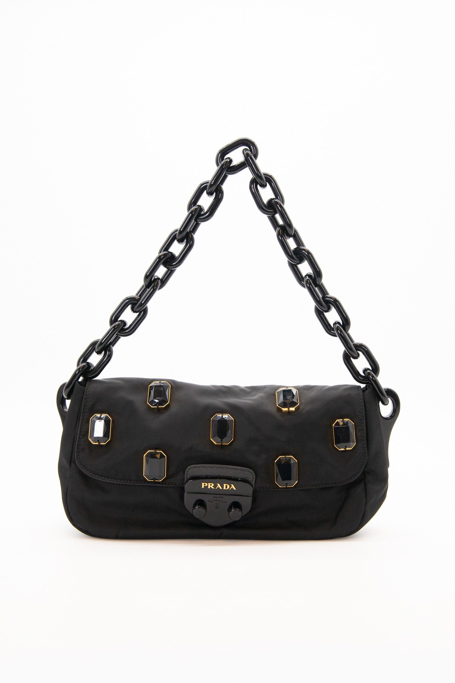 Thumbnail of http://Prada%20Handtasche%20mit%20Schmucksteinen%20in%20Schwarz%20und%20Gold
