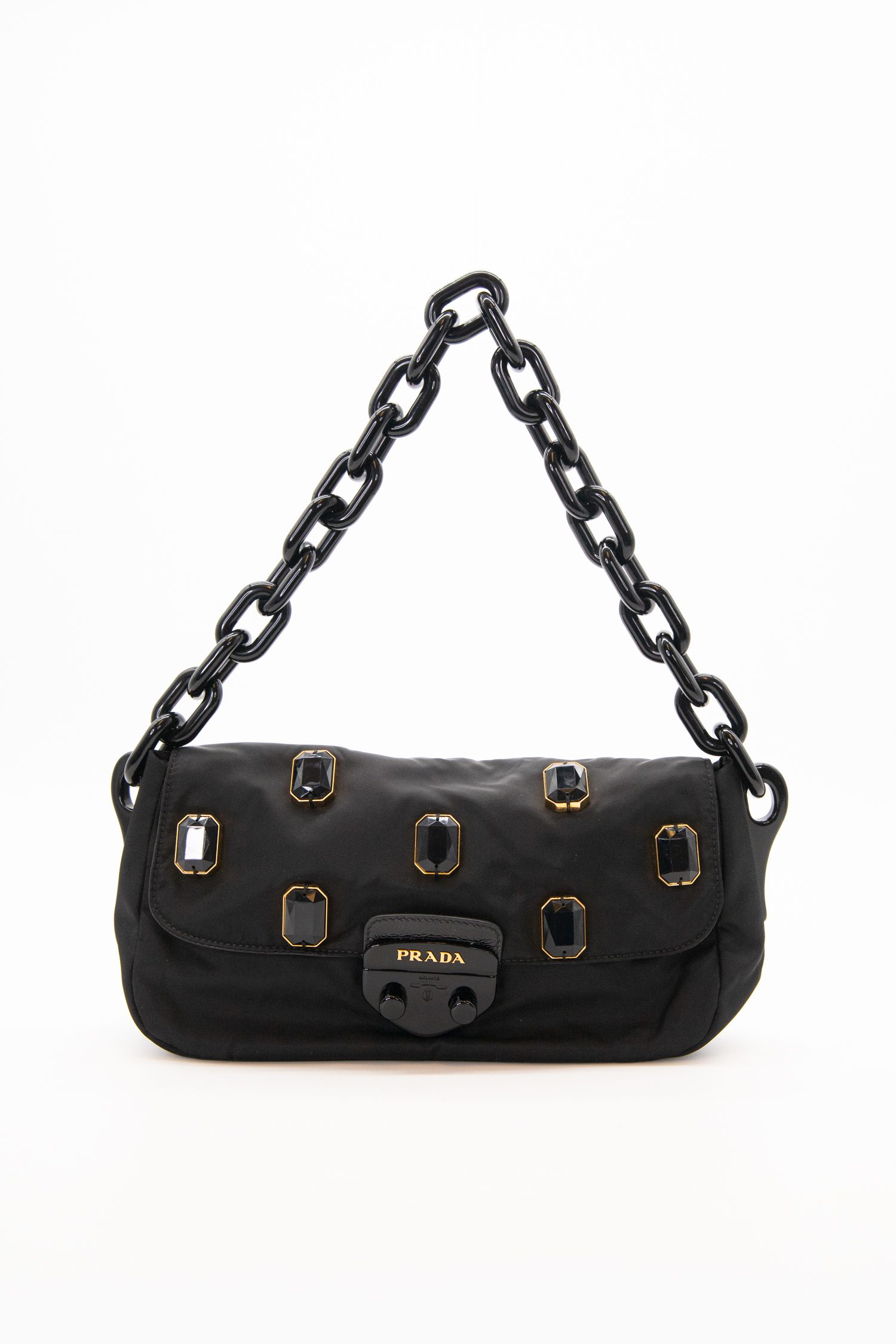 Prada Handtasche mit Schmucksteinen in Schwarz und Gold