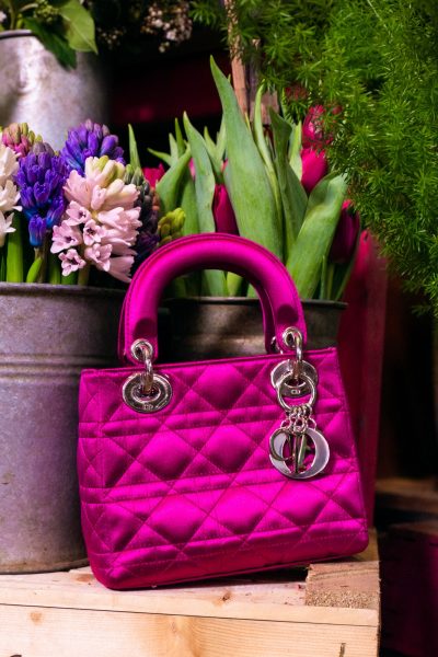 Dior "Lady Dior" Mini Handtasche aus Seide in Cyclam und Silber