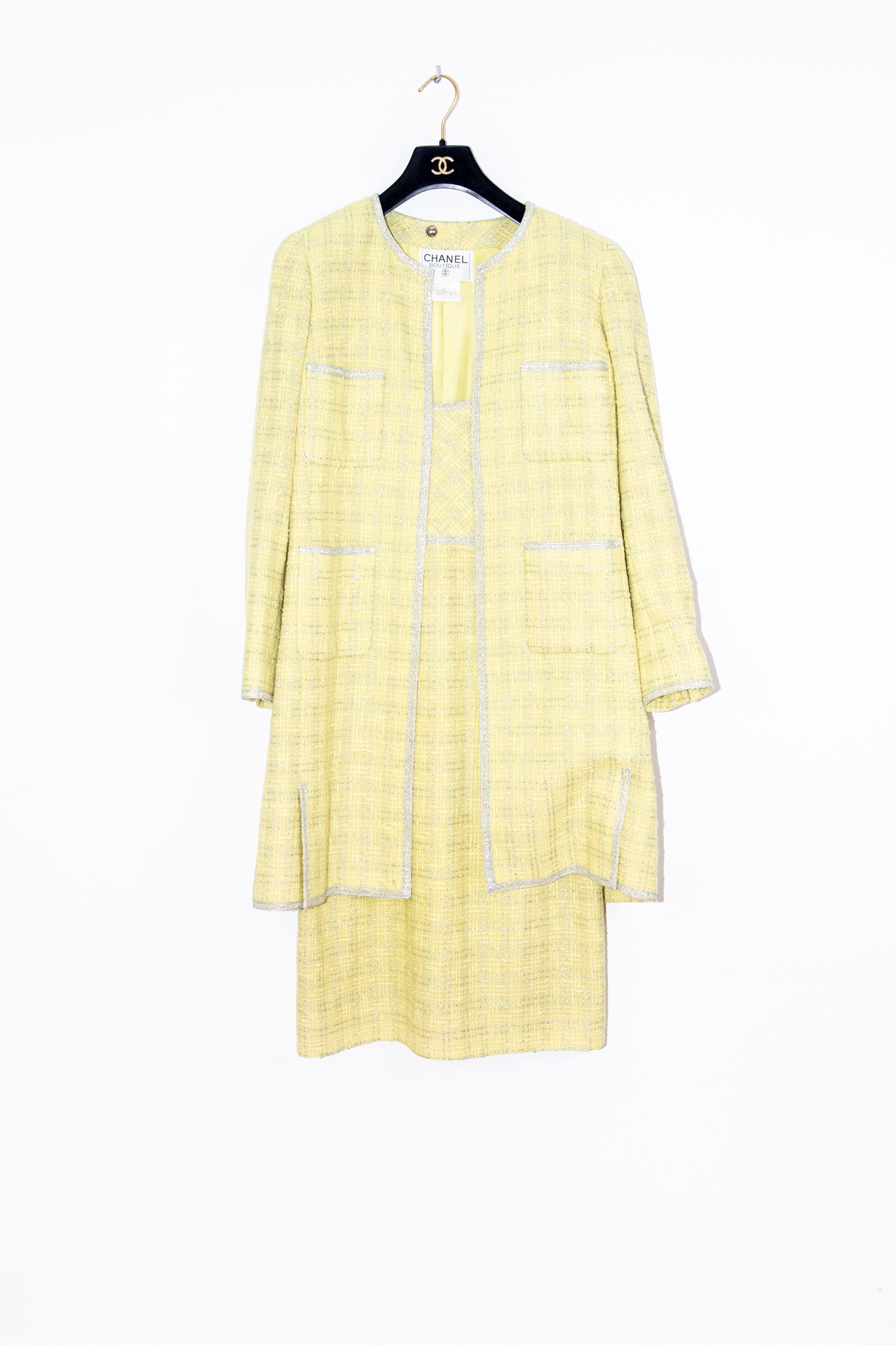 Vintage Chanel Set aus Jacke und Kleid in Zitronengelb und Silber