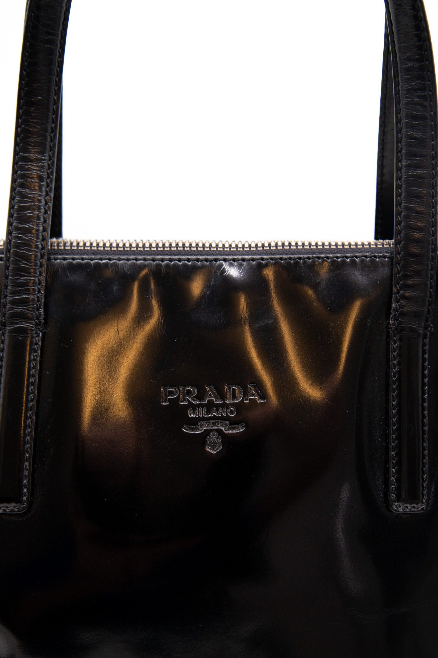 Thumbnail of http://Vintage%20Prada%20Spazzolato%20Logo%20Handtasche%20Lackleder%20Schwarz