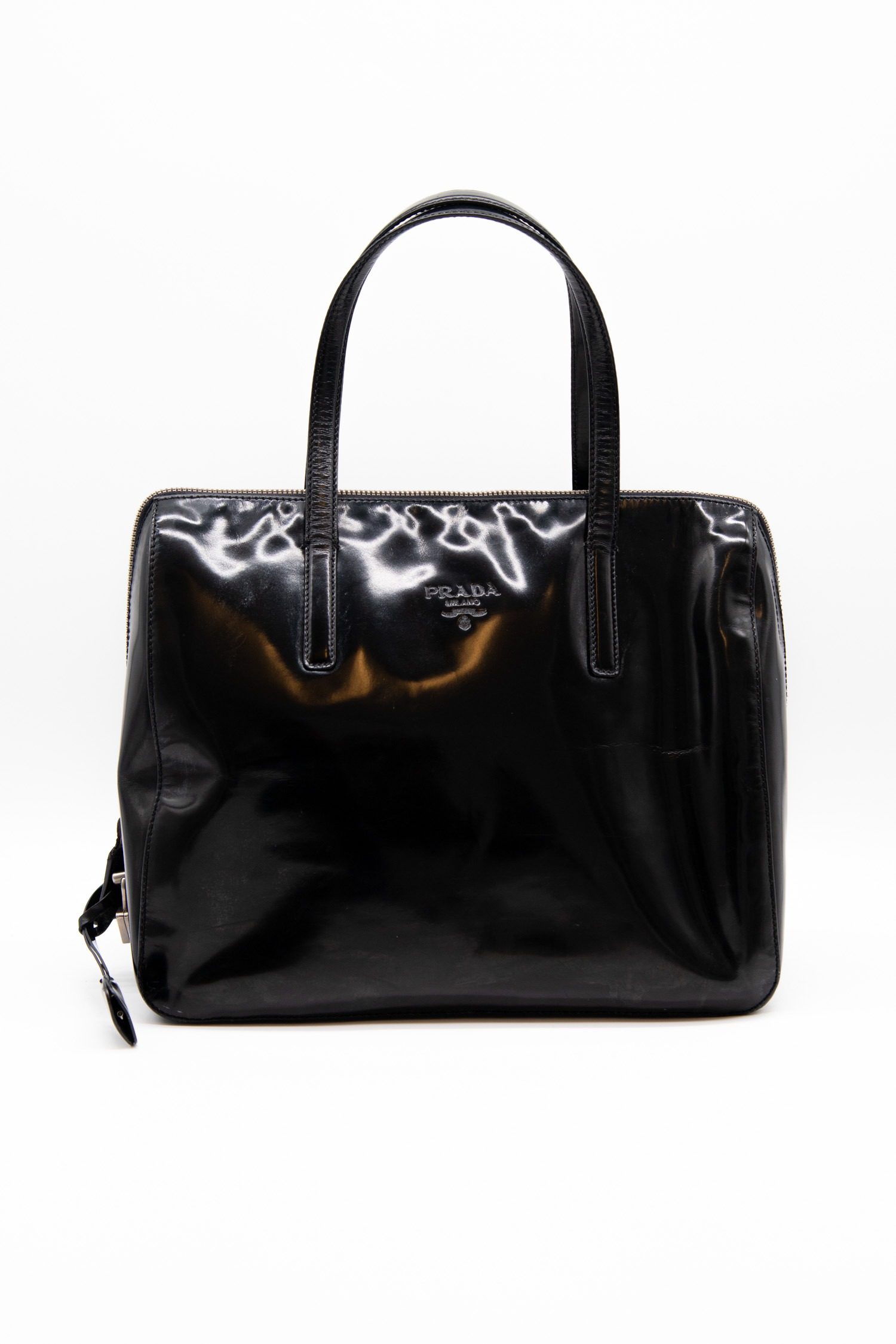 Thumbnail of http://Vintage%20Prada%20Spazzolato%20Logo%20Handtasche%20Lackleder%20Schwarz