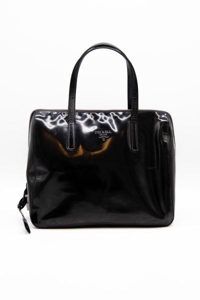 Vintage Prada "Spazzolato Logo" Handtasche Lackleder Schwarz