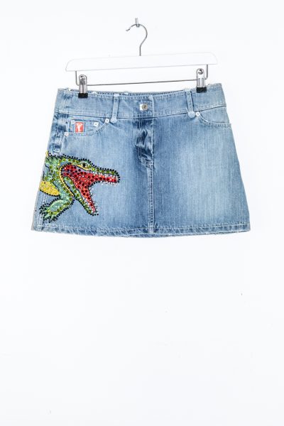 Voyage Vintage Jeansrock mit Strasssteinen in Blau und Bunt