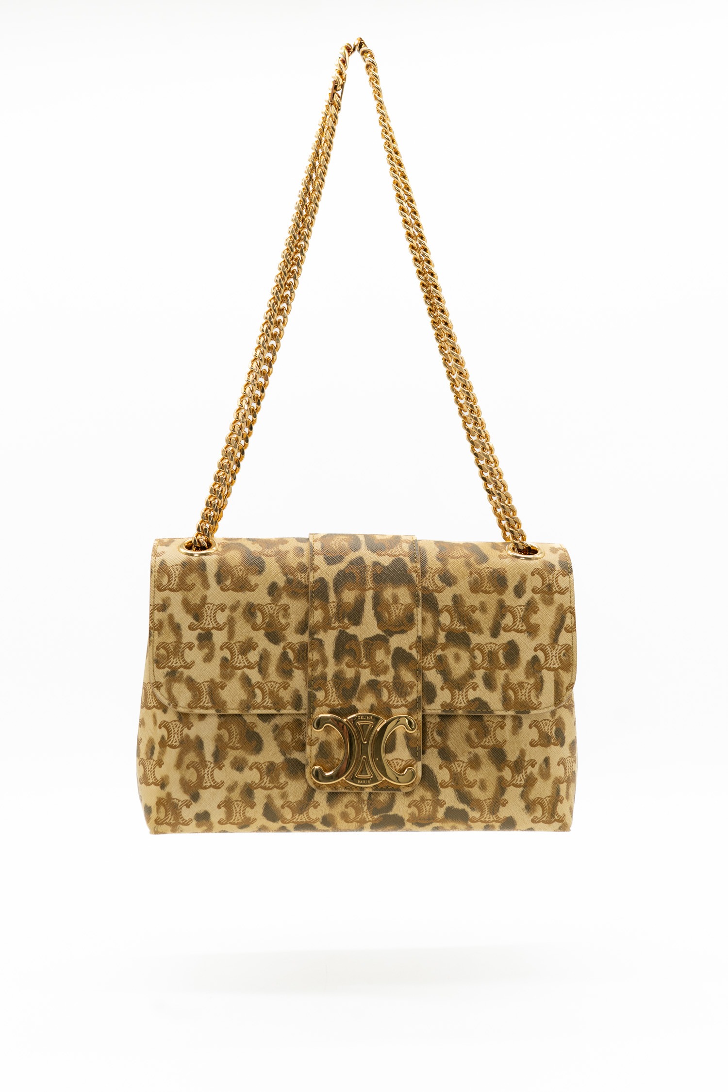 Celine "Victoire" Schultertasche mit Leoprint in Beige und Gold